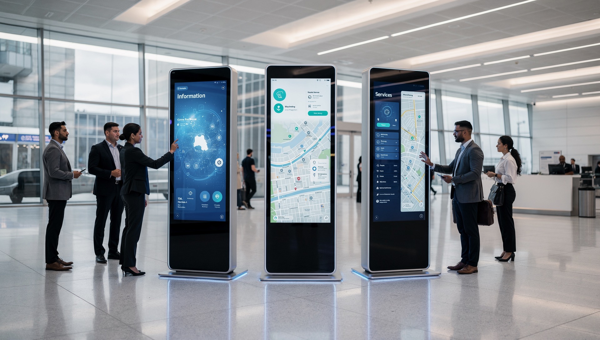 Multiple interactive wayfinding kiosks in a modern lobby